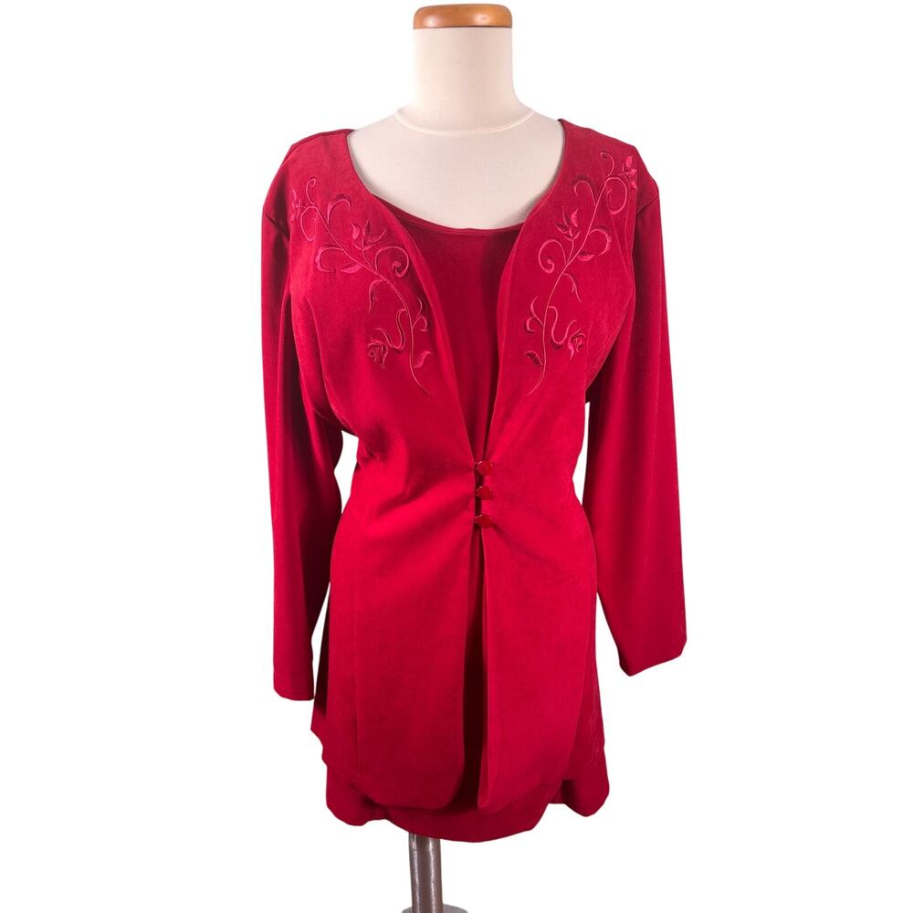 Women's Red Jacket Dress 22W Floral Embroidered Faux Suede Career Casual Wear